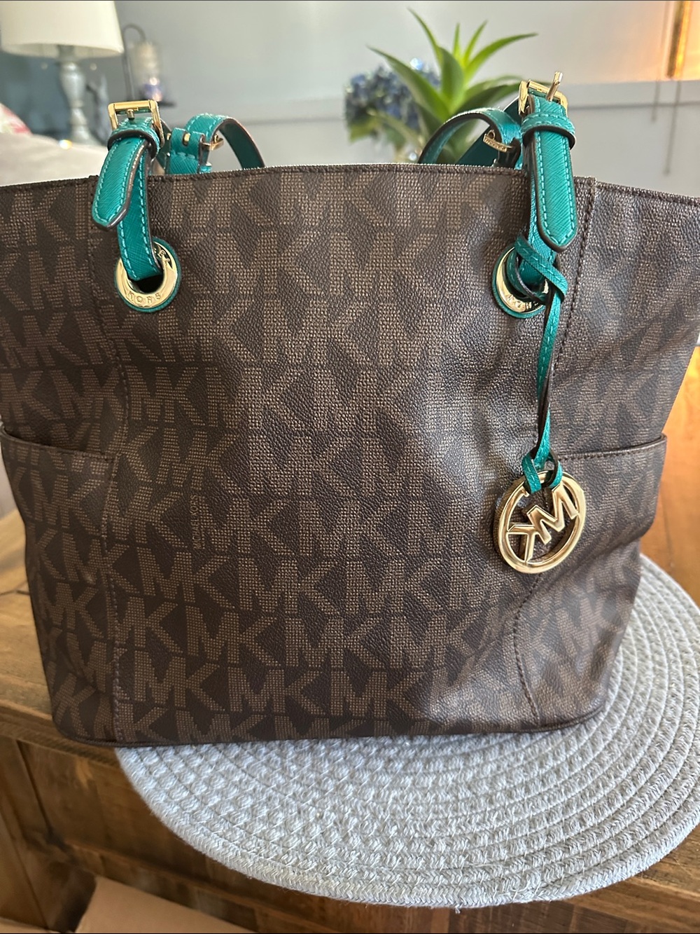 Michael Kors Brown Logo Tote with Teal Leather Trim